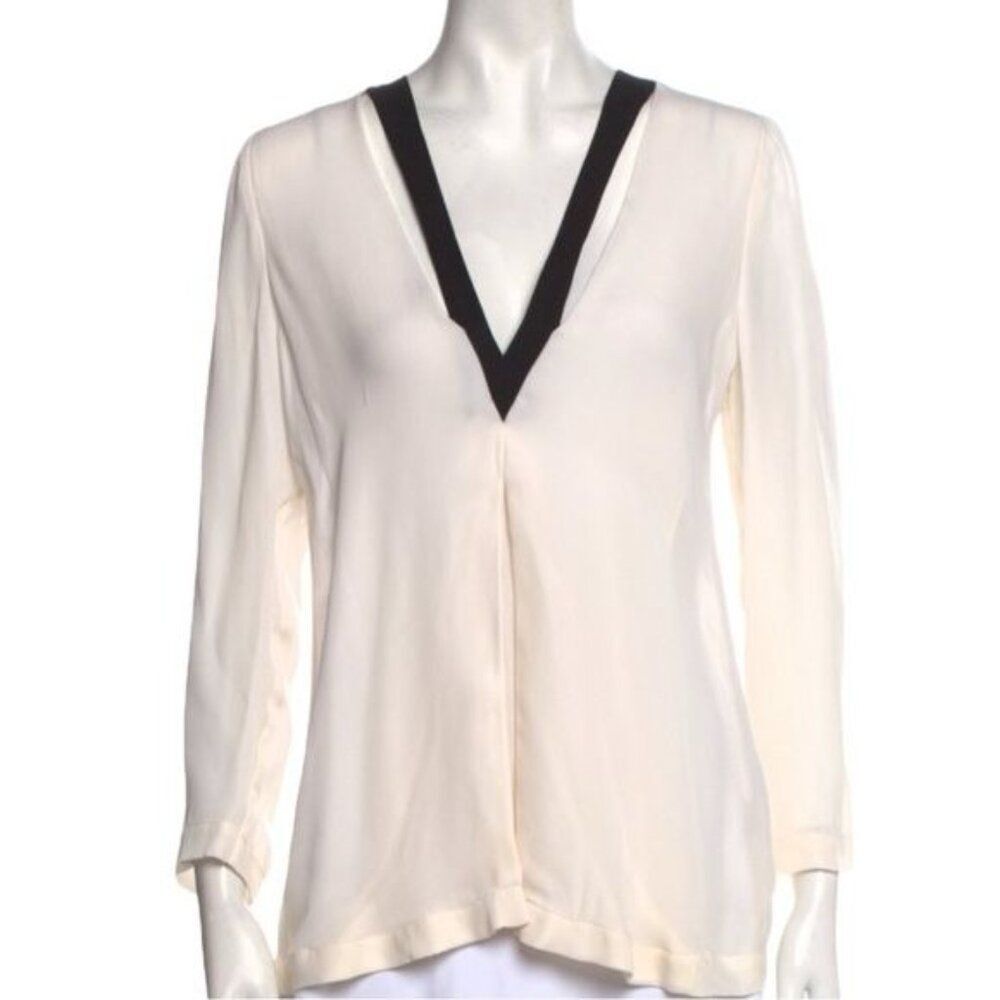 A.L.C. Silk Contrast Trim V Neck Long Sleeve Blouse in Ivory Size S